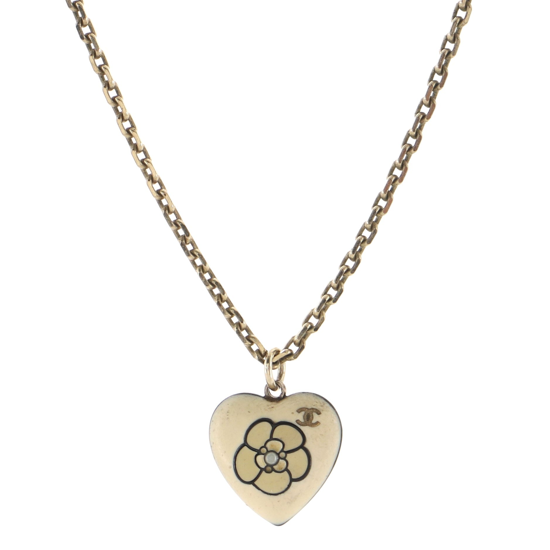 Camellia Heart Pendant Necklace Metal and Enamel