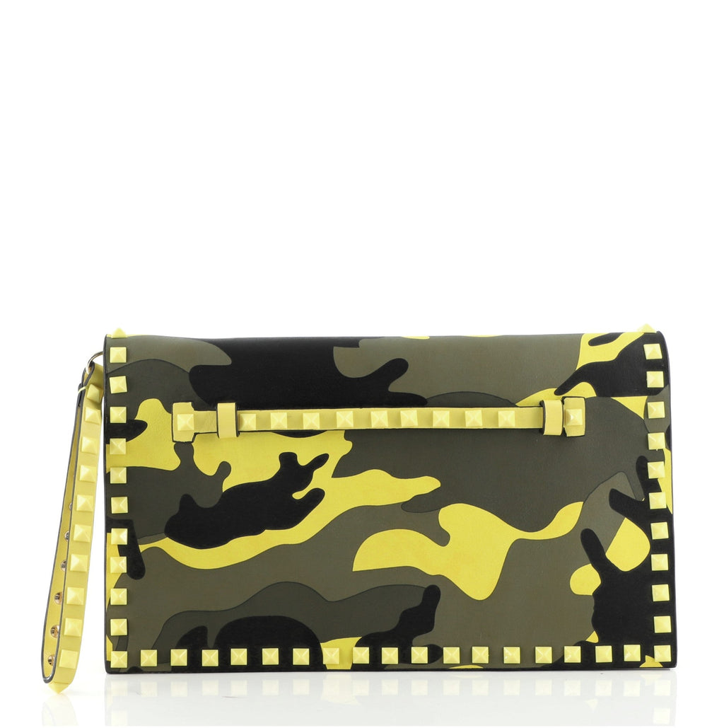 Rockstud Flap Clutch Camo Leather and Canvas