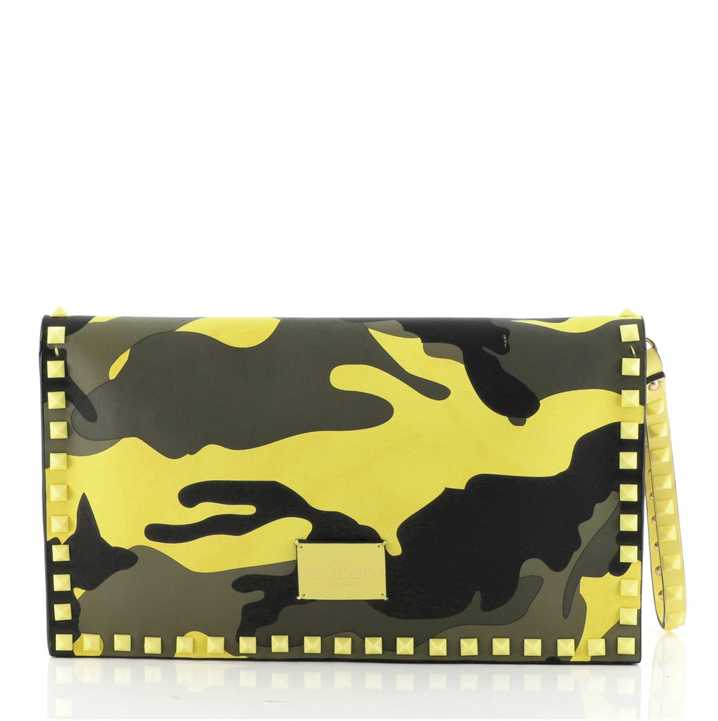 Rockstud Flap Clutch Camo Leather and Canvas