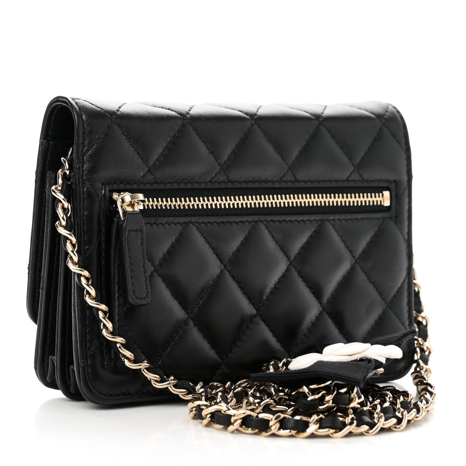 Lambskin Quilted Mini Camellia Bow Wallet On Chain WOC Black