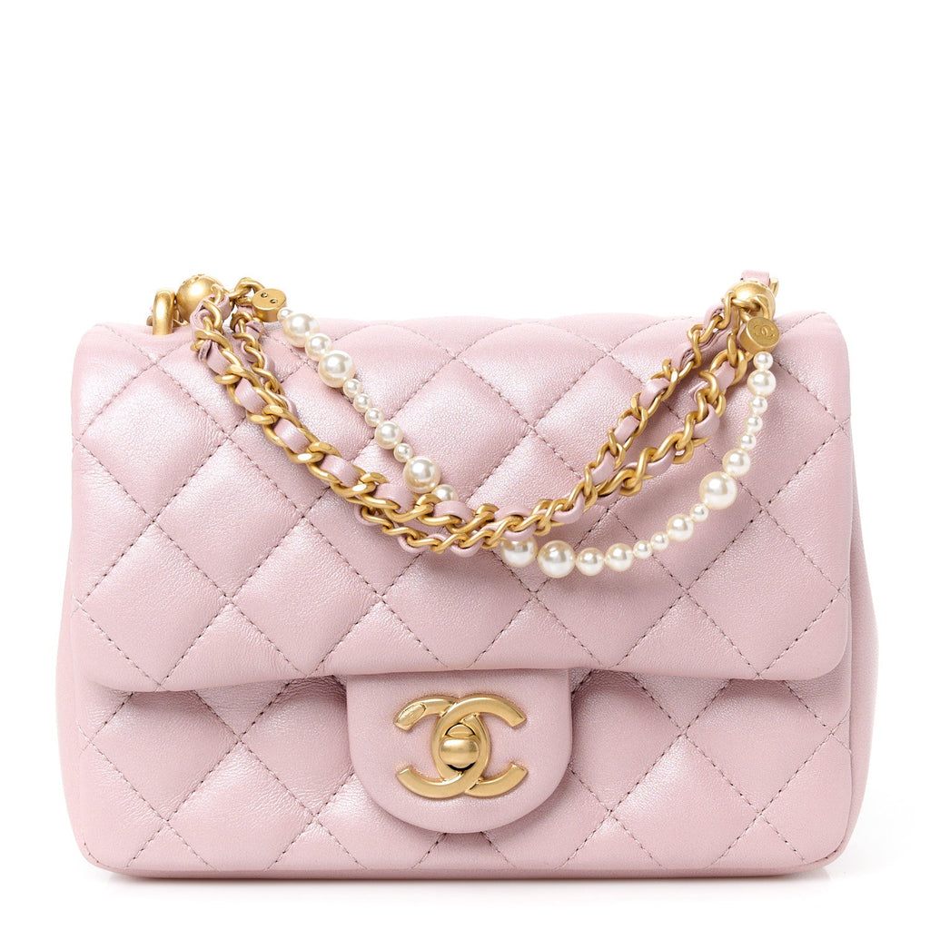 Shiny Lambskin Quilted Pearl Twist Mini Square Flap Light Pink