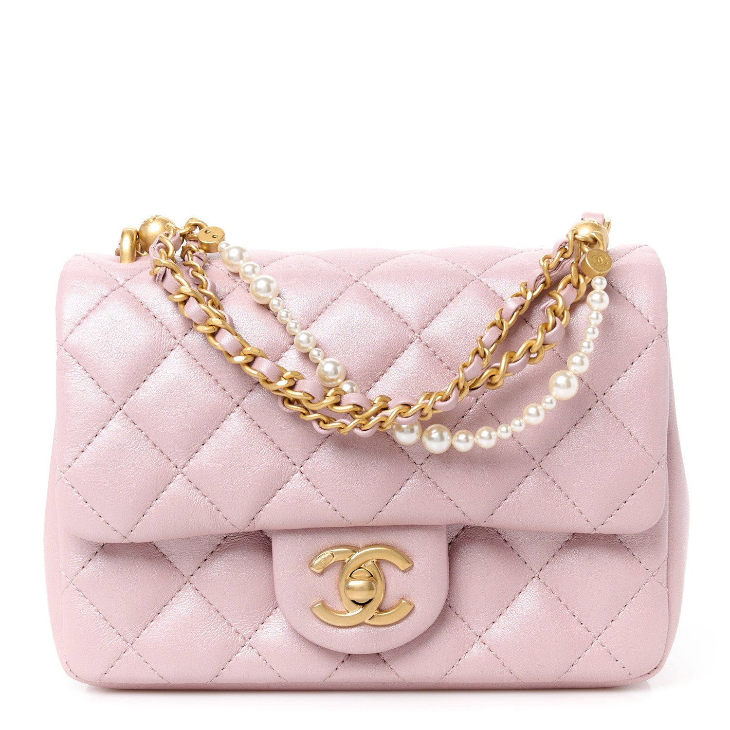 Shiny Lambskin Quilted Pearl Twist Mini Square Flap Light Pink