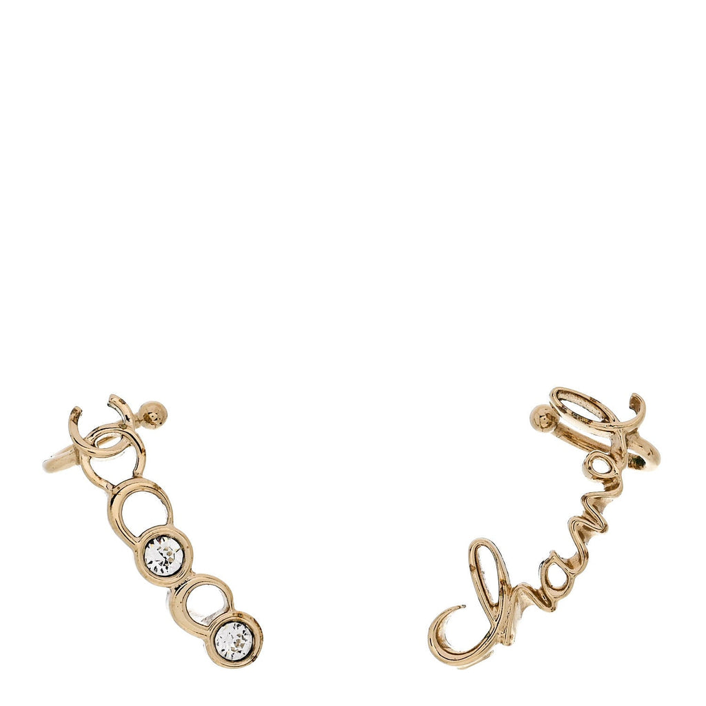 Metal Crystal Coco Script CC Climber Earrings Gold