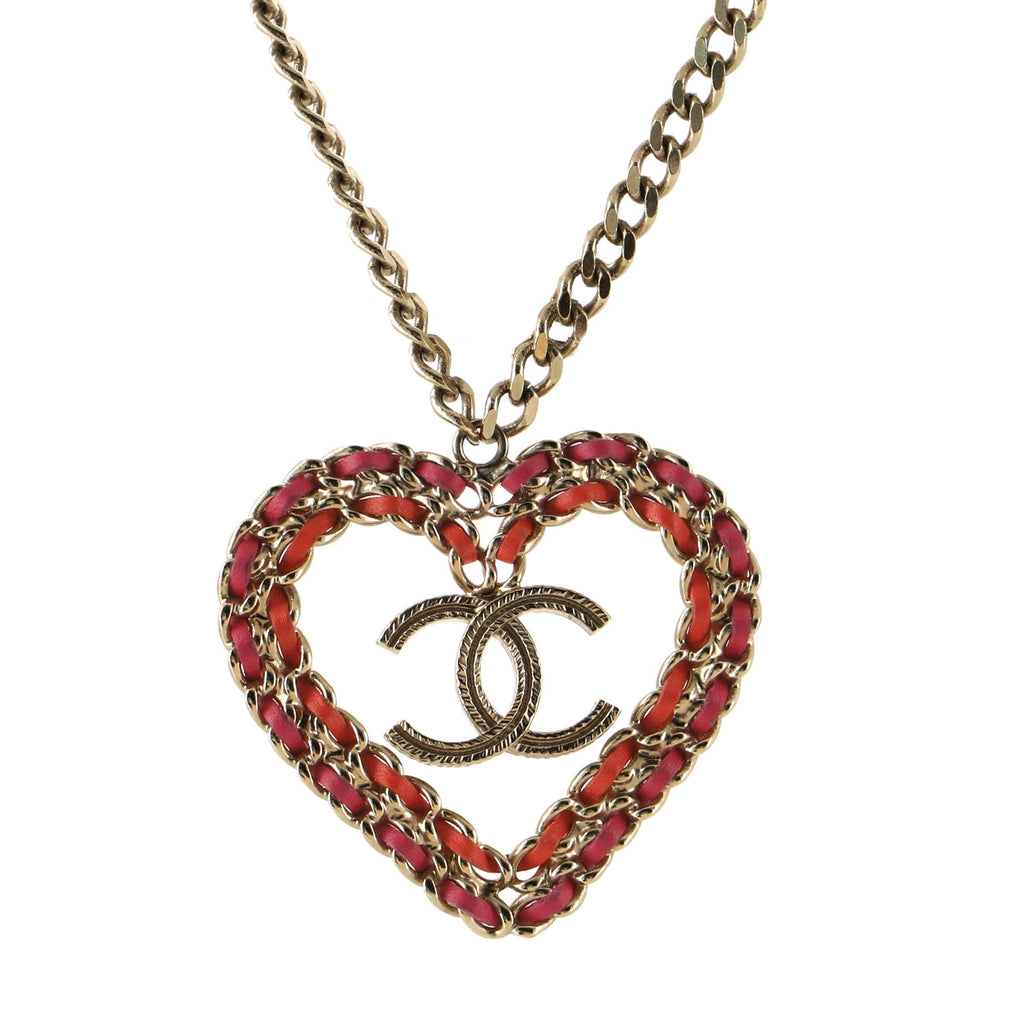 CC Woven Chain Heart Pendant Necklace Metal and Leather