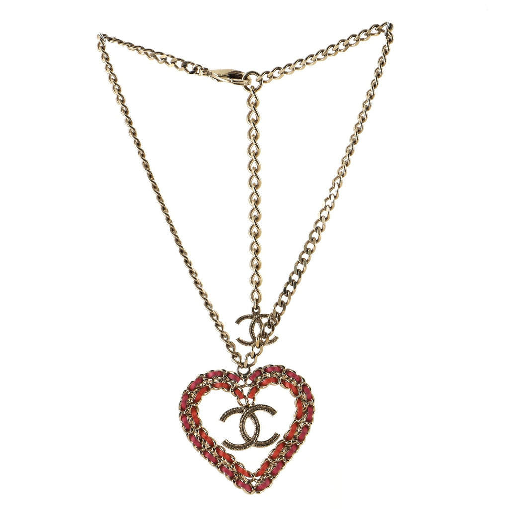 CC Woven Chain Heart Pendant Necklace Metal and Leather
