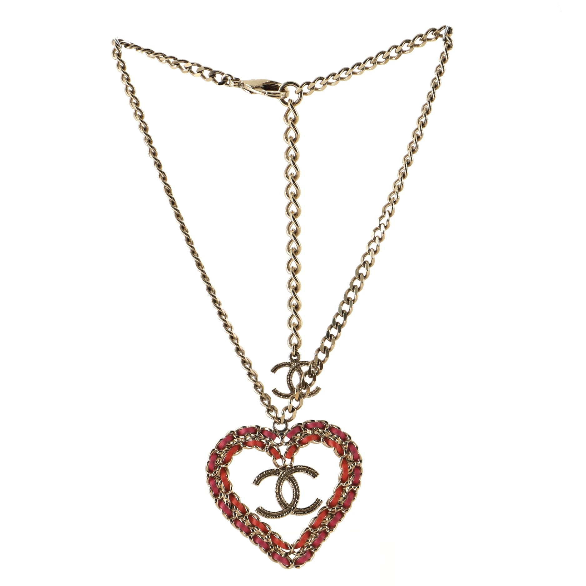 CC Woven Chain Heart Pendant Necklace Metal and Leather