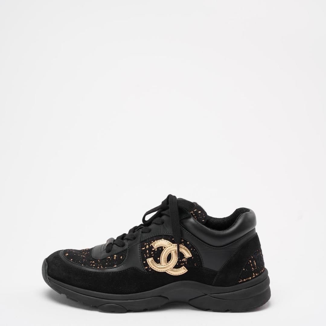 Chanel Black Leather and Suede Lace Up Sneakers 39 ½