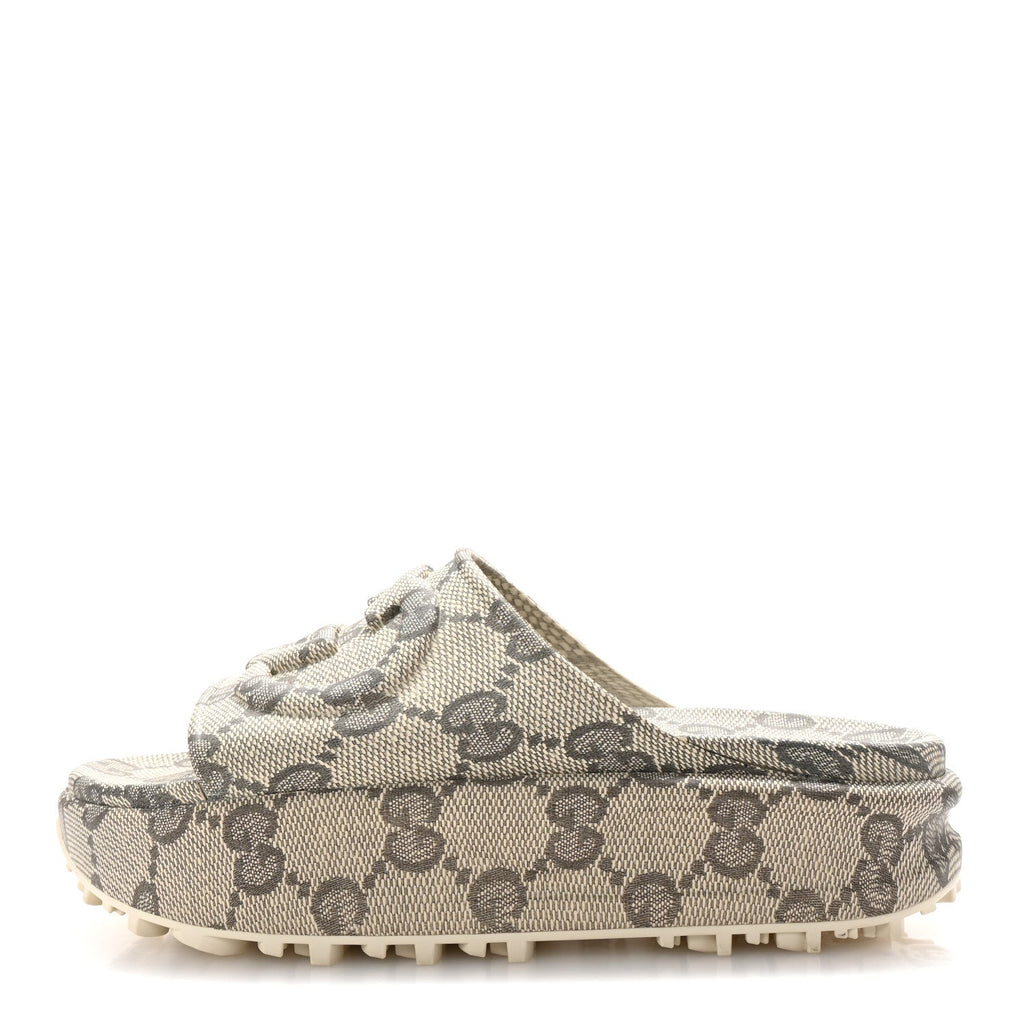 Cubic Rubber GG Monogram Womens Interlocking G Platform 42mm Slide Sandals 39 Beige Ebony