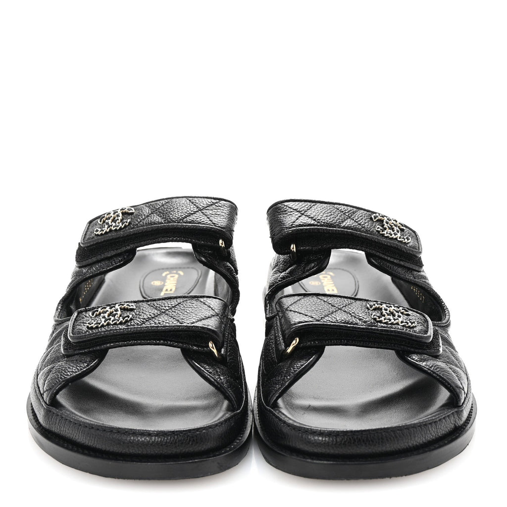 Grained Calfskin Quilted Velcro Dad Chain CC Slide Sandals 40 Black