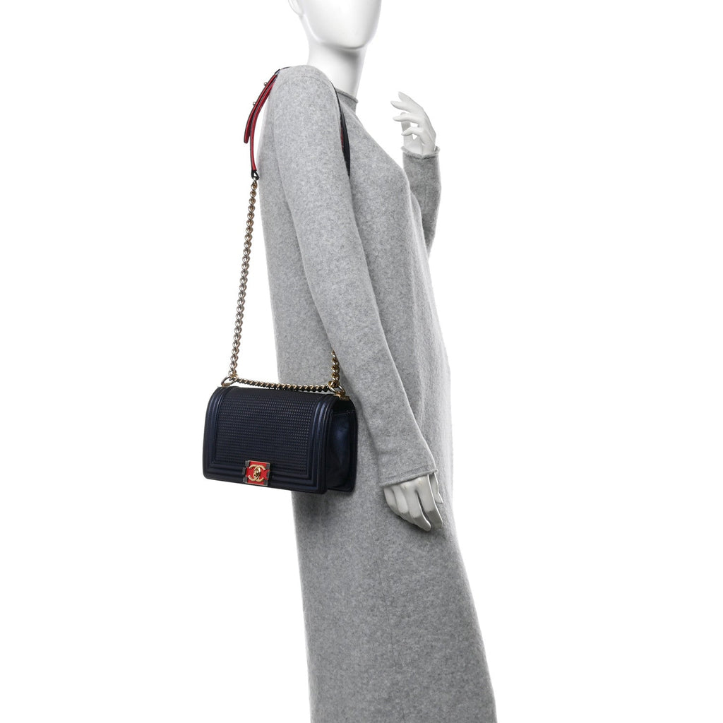 Lambskin Embossed Medium Boy Cube Flap Navy