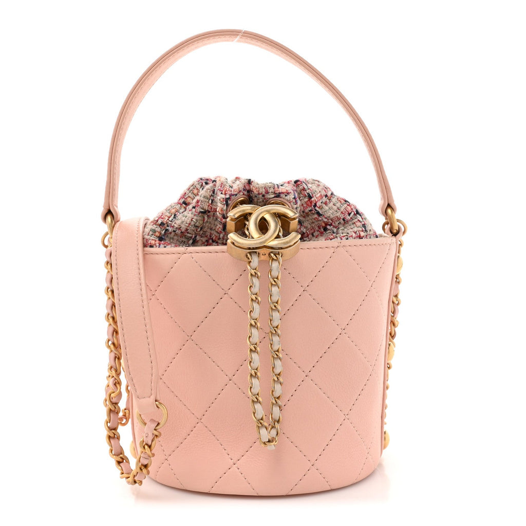 Calfskin Tweed Small CC Chain Bucket Drawstring Bag Light Pink