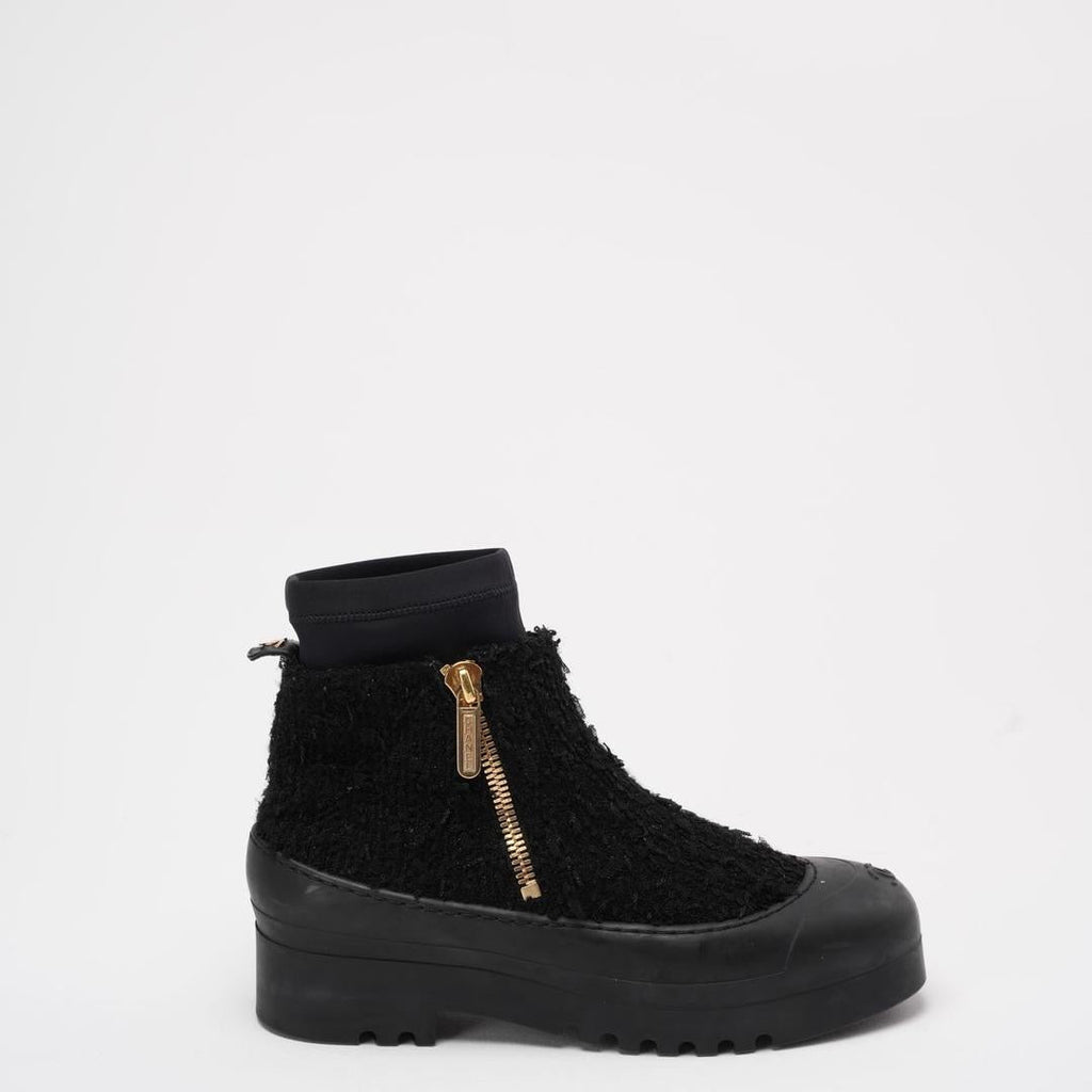 Chanel Black Tweed Rubber CC Short Boots Size 40