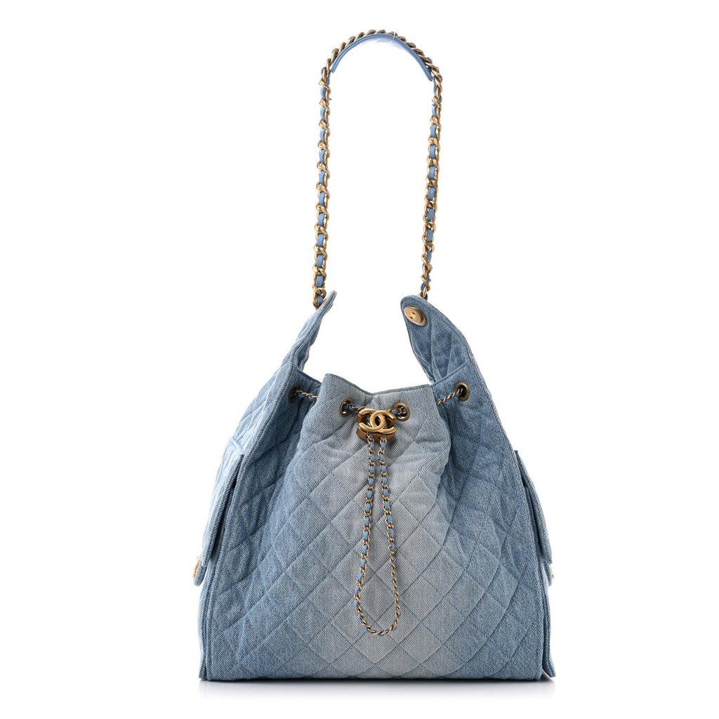 Washed Denim Quilted Medium Chanel 25 Handbag Blue