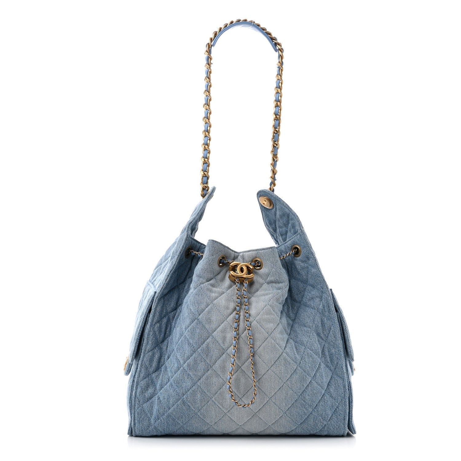 Washed Denim Quilted Medium Chanel 25 Handbag Blue