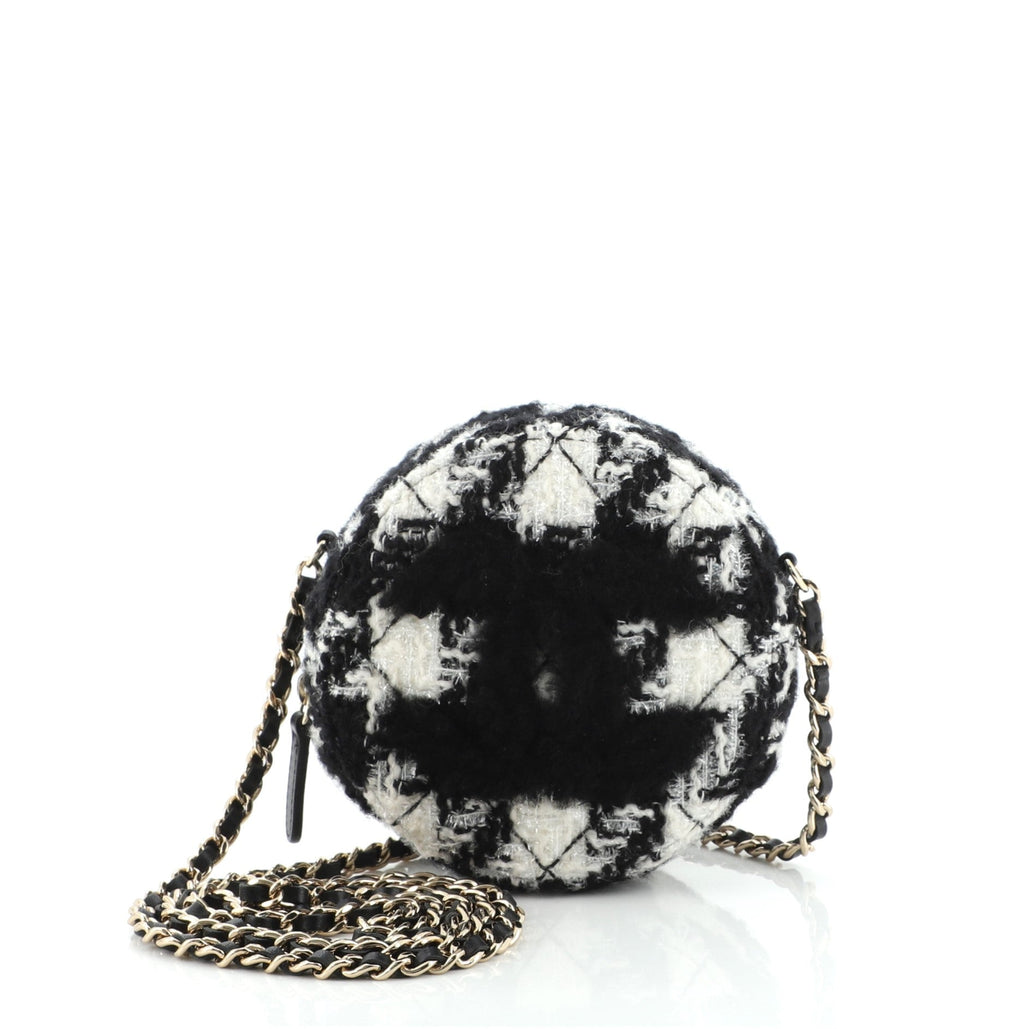 Round Clutch with Chain and Coin Purse Quilted Tweed with Shearling