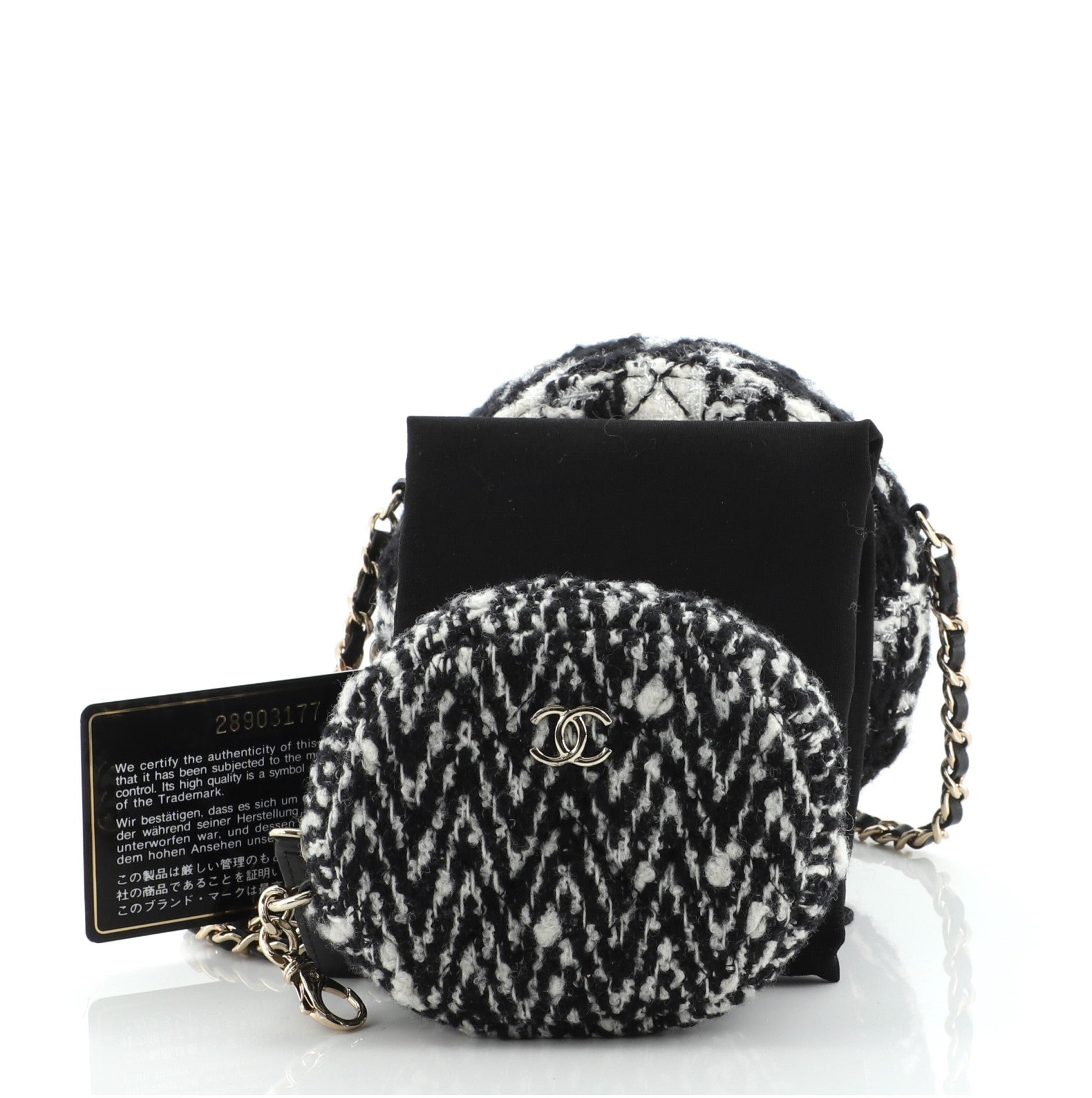 Round Clutch with Chain and Coin Purse Quilted Tweed with Shearling