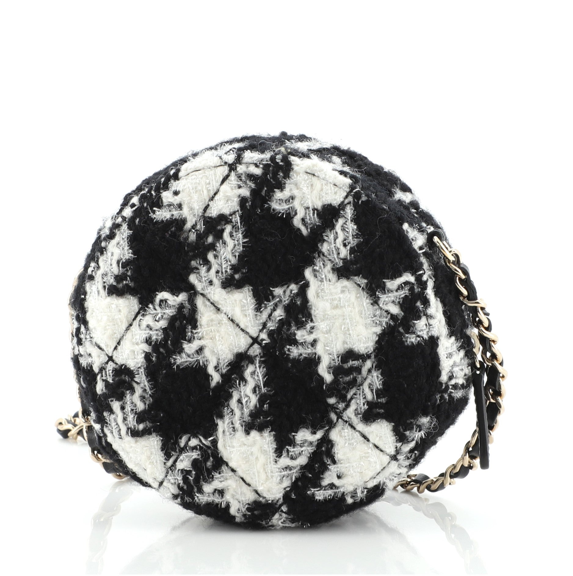 Round Clutch with Chain and Coin Purse Quilted Tweed with Shearling