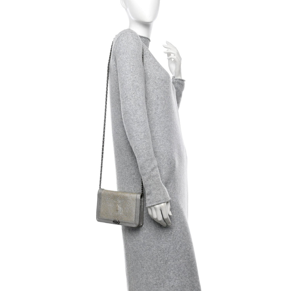 Metallic Galuchat Stingray Lambskin Boy Wallet On Chain WOC Silver