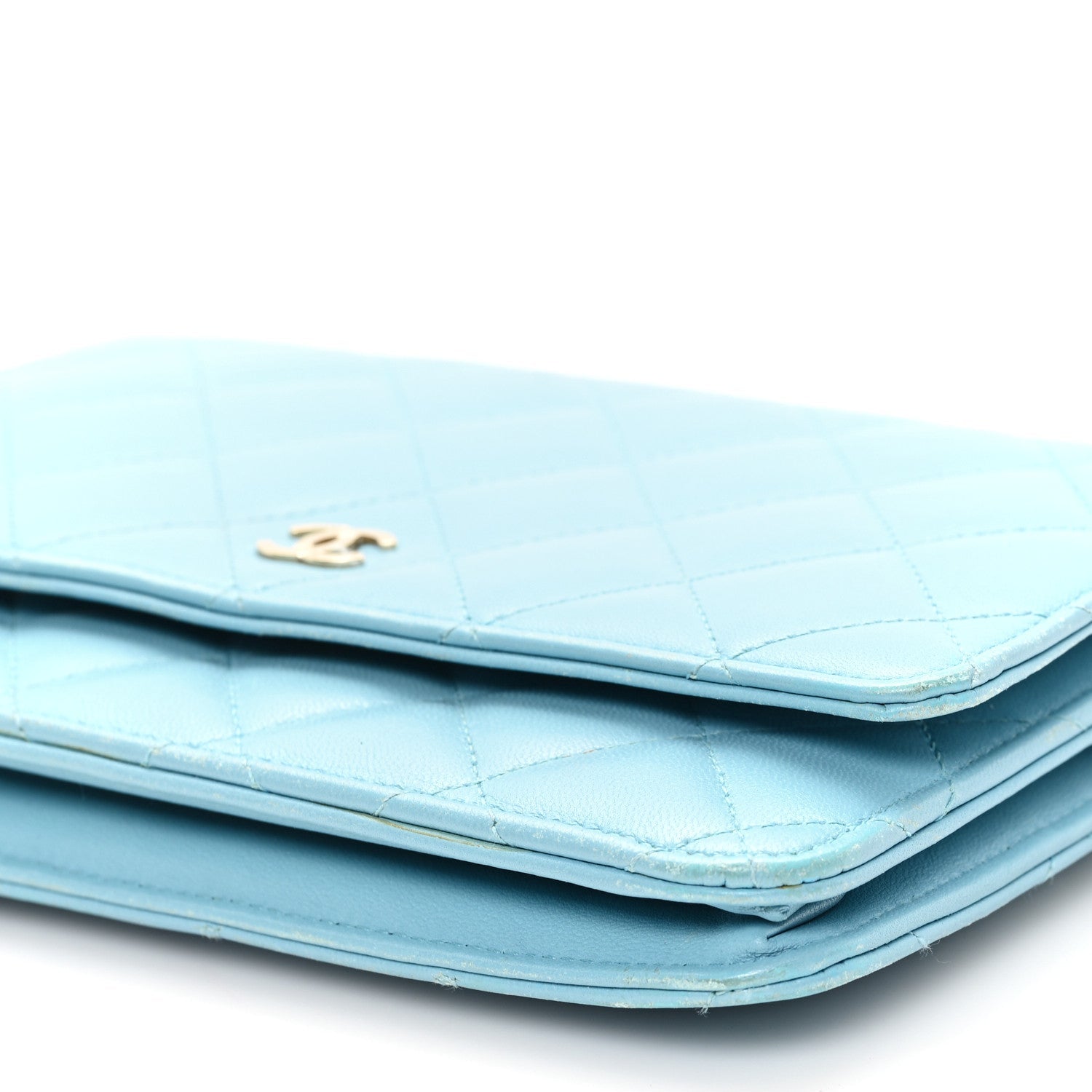 Lambskin Quilted Mini Wallet On Chain WOC Light Blue
