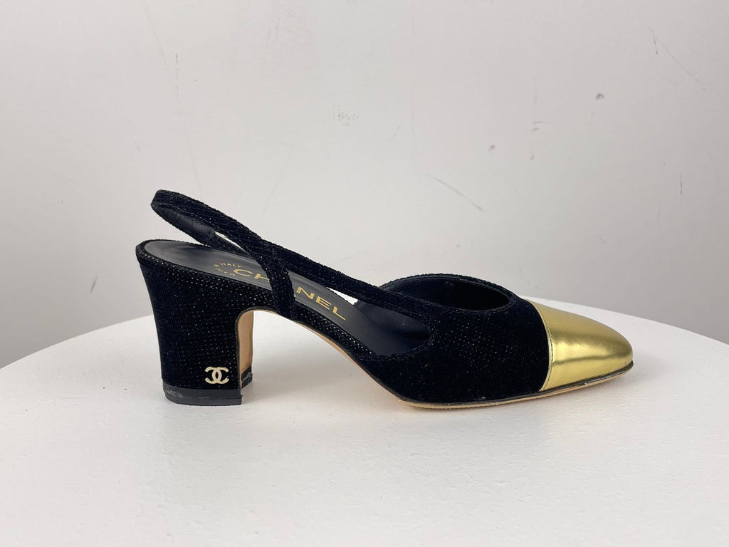 Chanel Tweed Black Gold Slingback Pumps with CC Logo 36