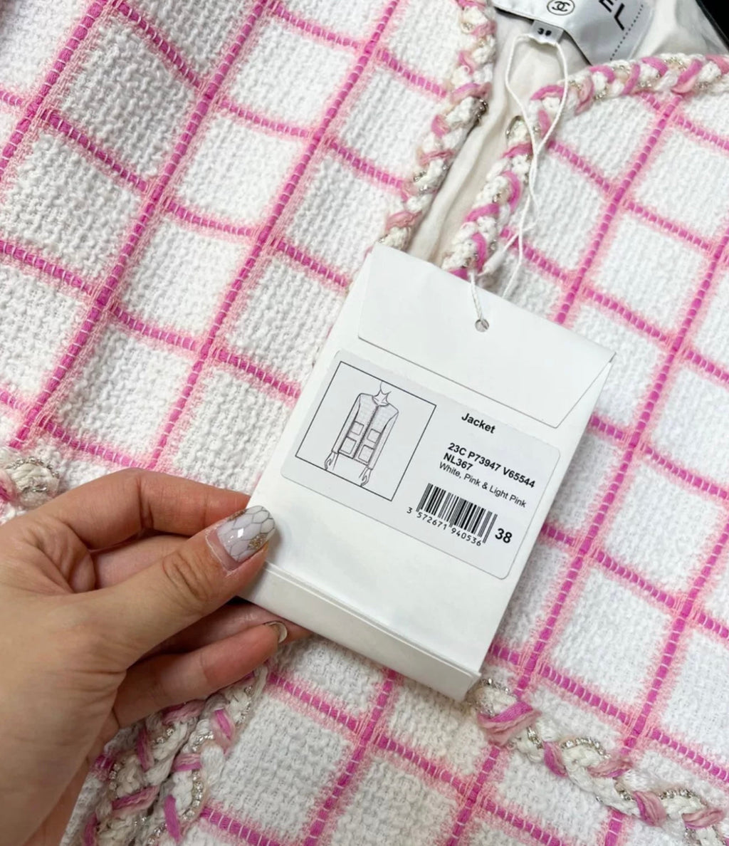 Chanel 23C pink and white four-pocket jacket