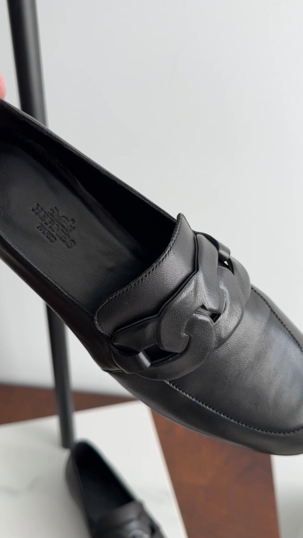 Hermes Black Lambskin Leather Loafer with Padded Chain - 37