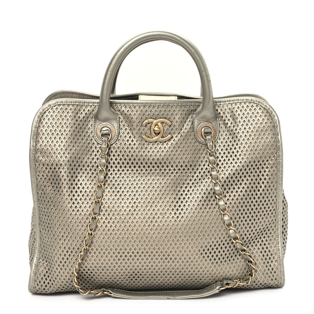 Metallic Calfskin Perforated Up In The Air Tote Silver