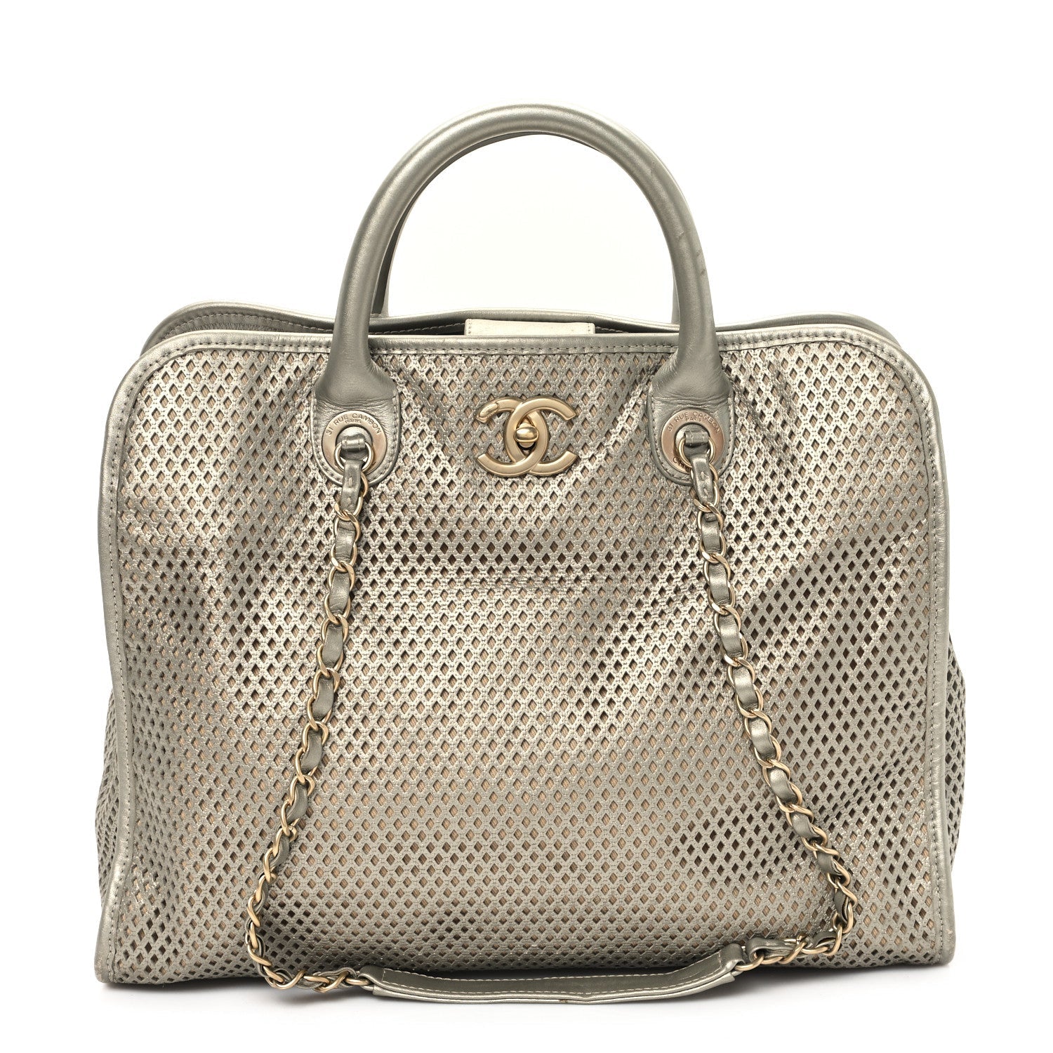 Metallic Calfskin Perforated Up In The Air Tote Silver