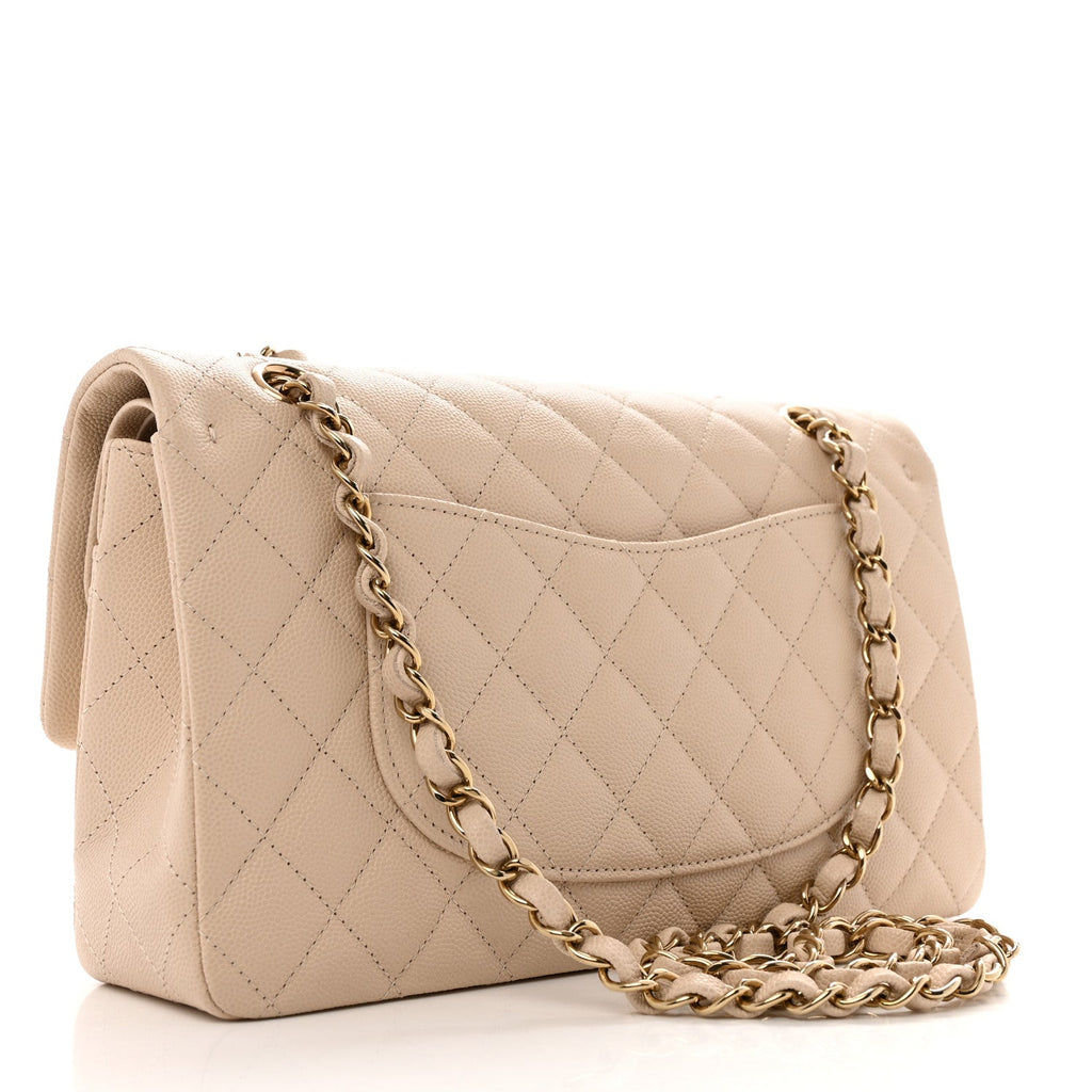Caviar Quilted Medium Double Flap Ecru