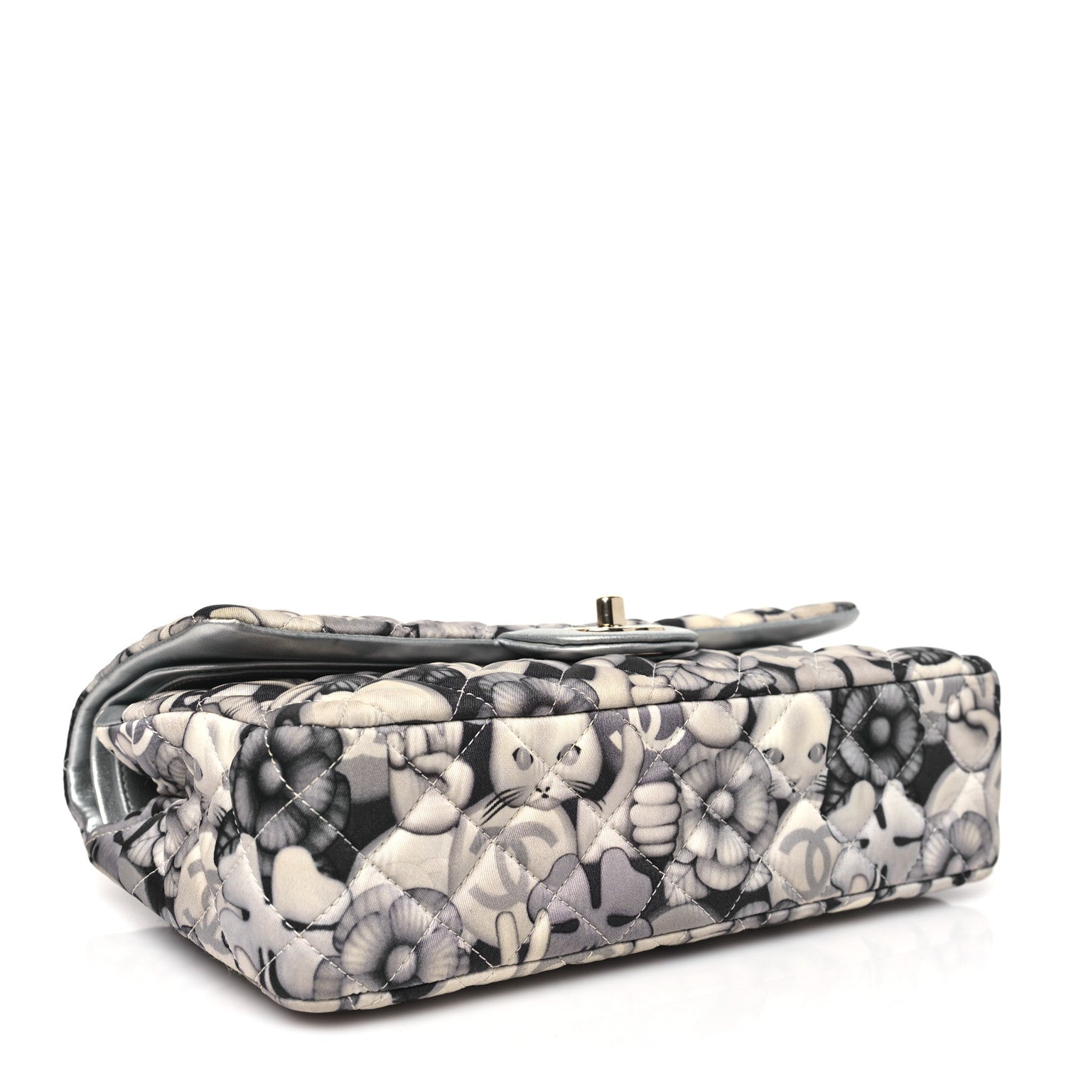 Nylon Quilted Medium Cat Emoticon Double Flap Navy Grey Ecru