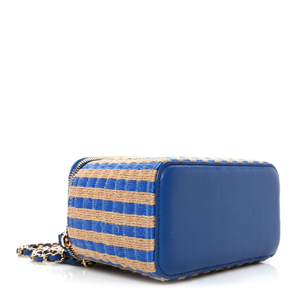 Raffia Jute Striped Small Vanity Case With Chain Blue Beige