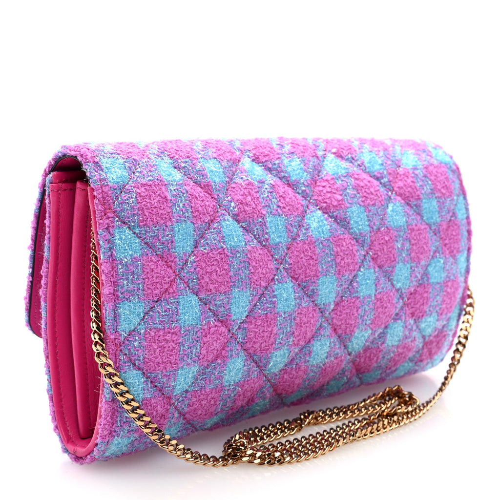 Tweed Quilted Medusa Wallet on Chain Crossbody Pink Blue