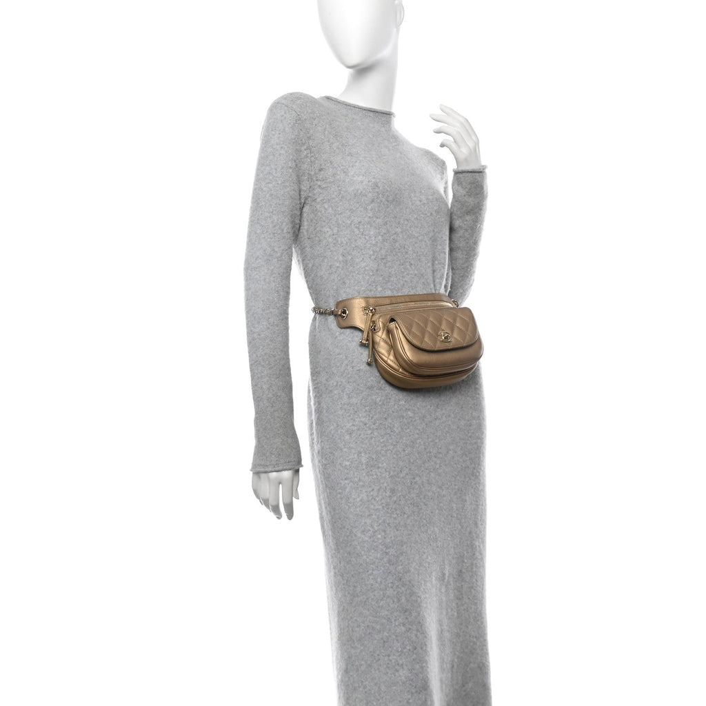 Metallic Calfskin Quilted Waist Bag Gold