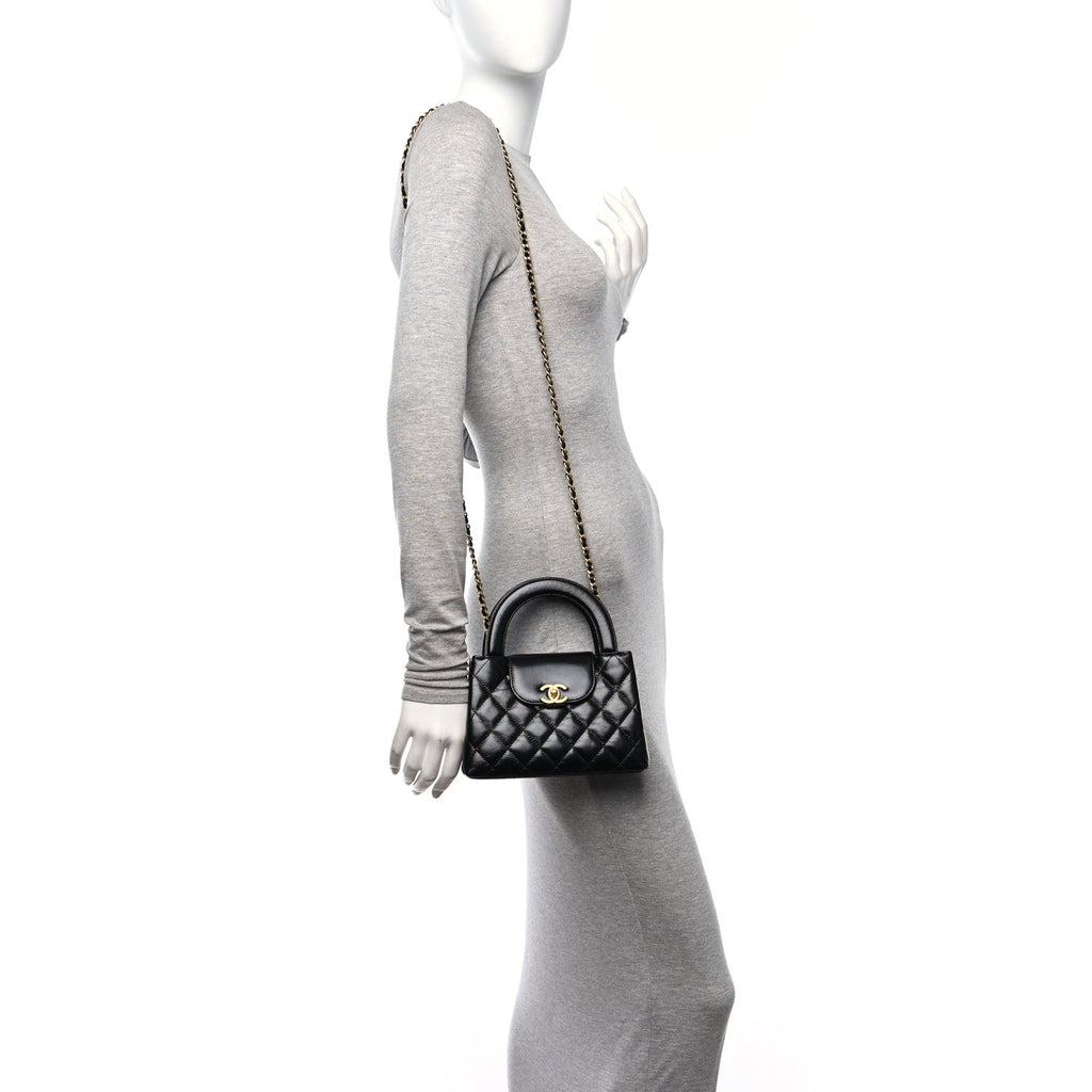 Shiny Aged Calfskin Quilted Nano Kelly Shopper Black
