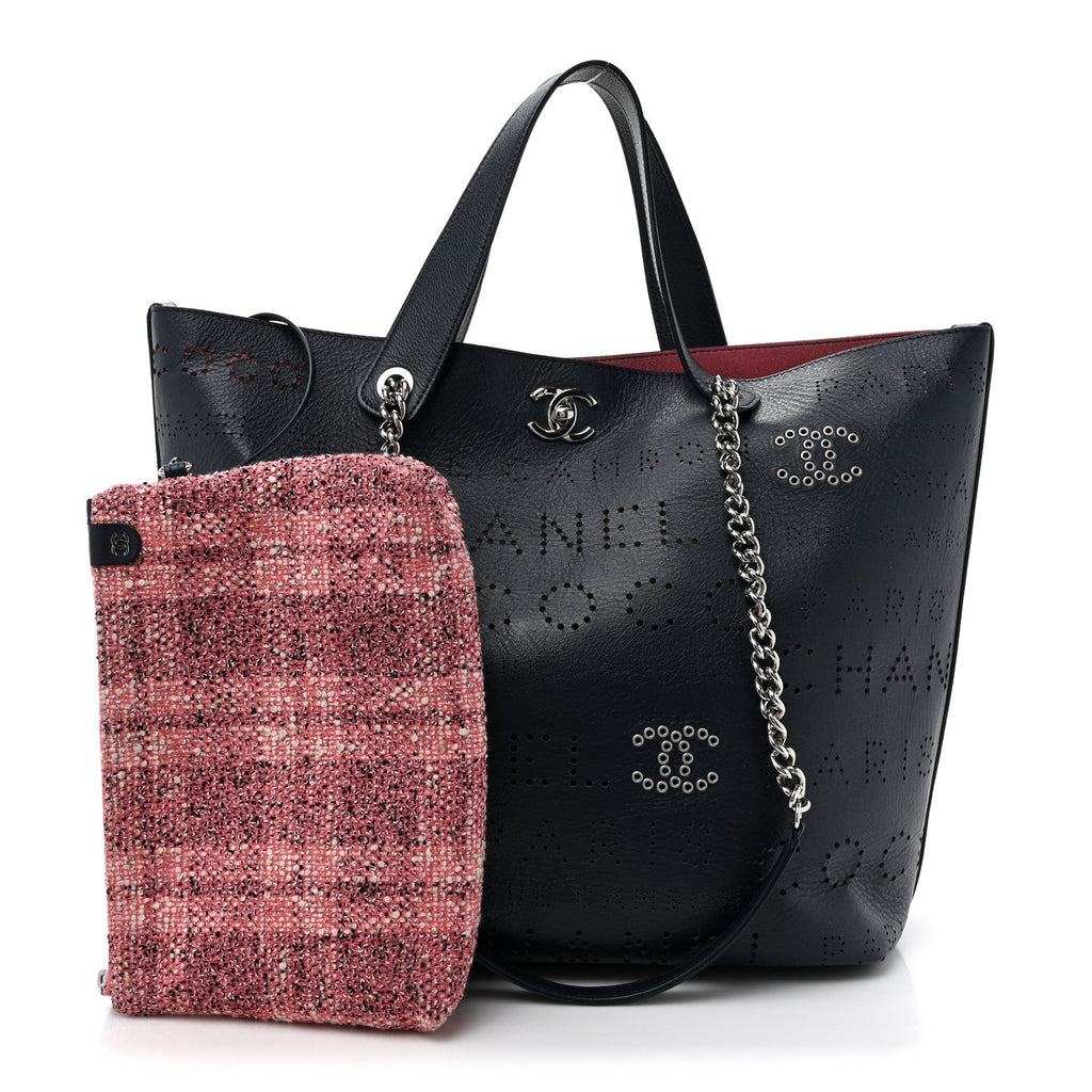 Calfskin Tweed Small Logo Eyelets Shopping Tote Navy Blue