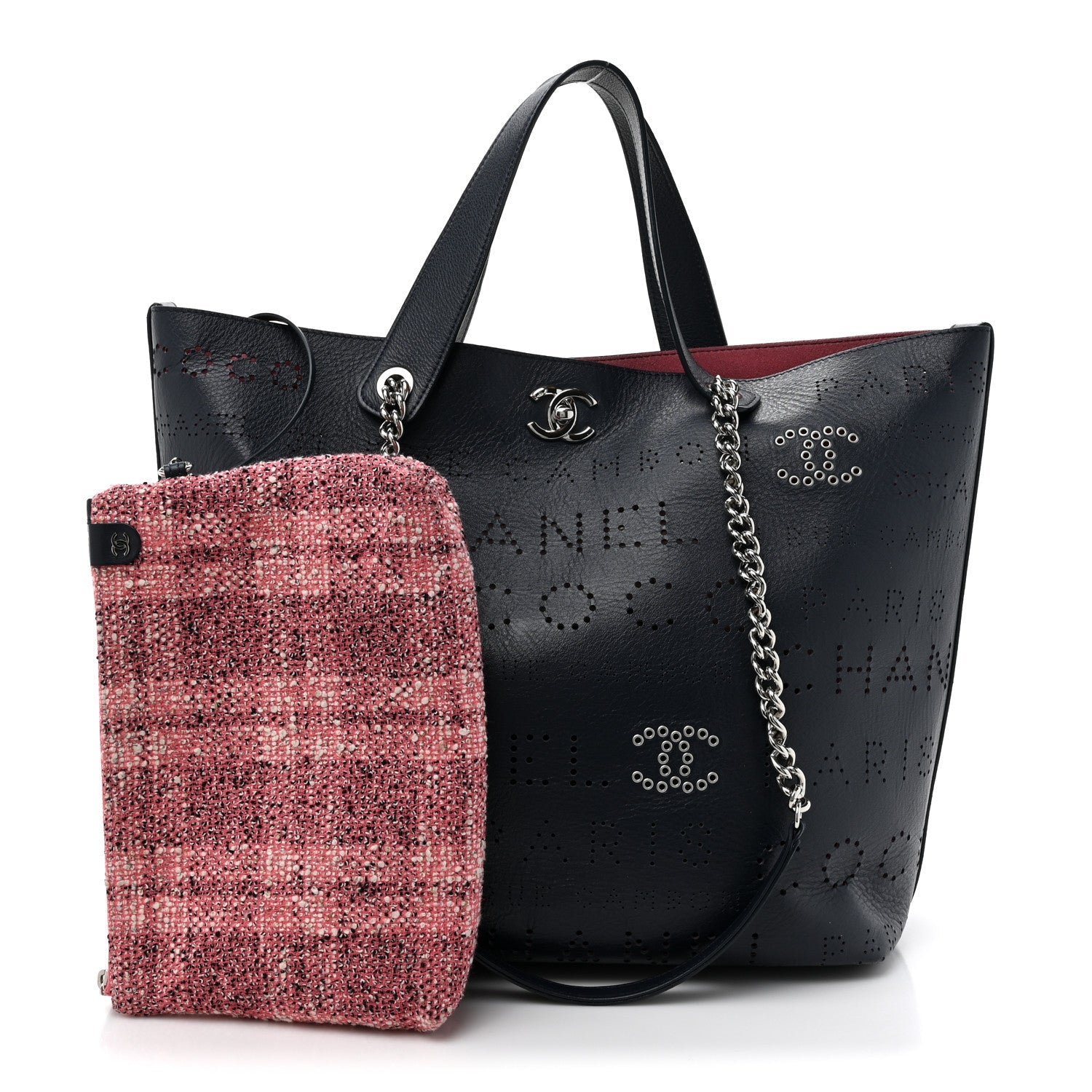 Calfskin Tweed Small Logo Eyelets Shopping Tote Navy Blue