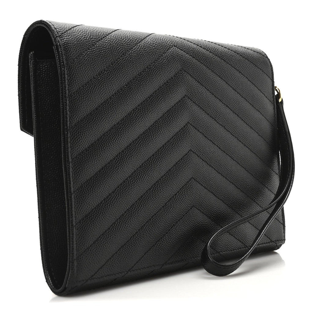 Grain De Poudre Matelasse Chevron Monogram Envelope Clutch Black