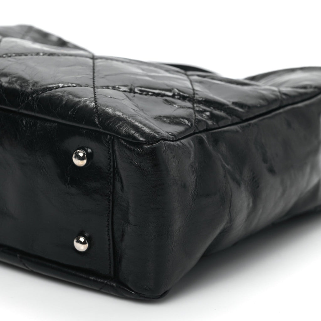Glazed Calfskin Lambskin Quilted Portobello Tote Black Grey