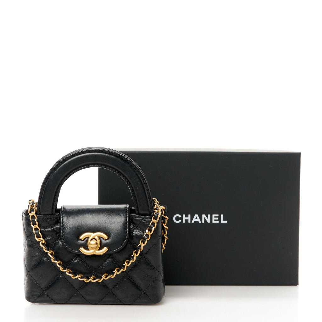 Shiny Aged Calfskin Quilted Mini Nano Kelly Shopper Black