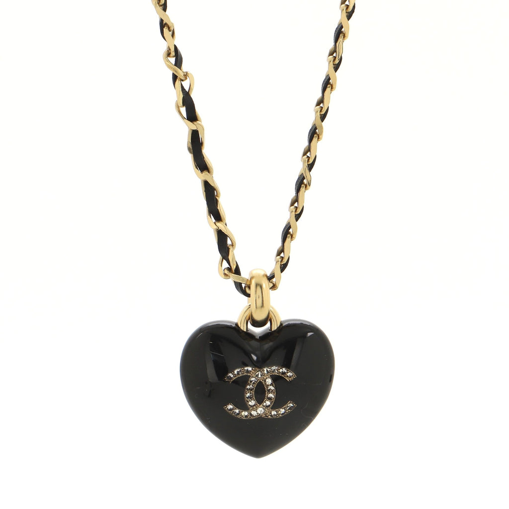 CC Heart Pendant Chain Necklace Metal with Leather, Resin and Crystals