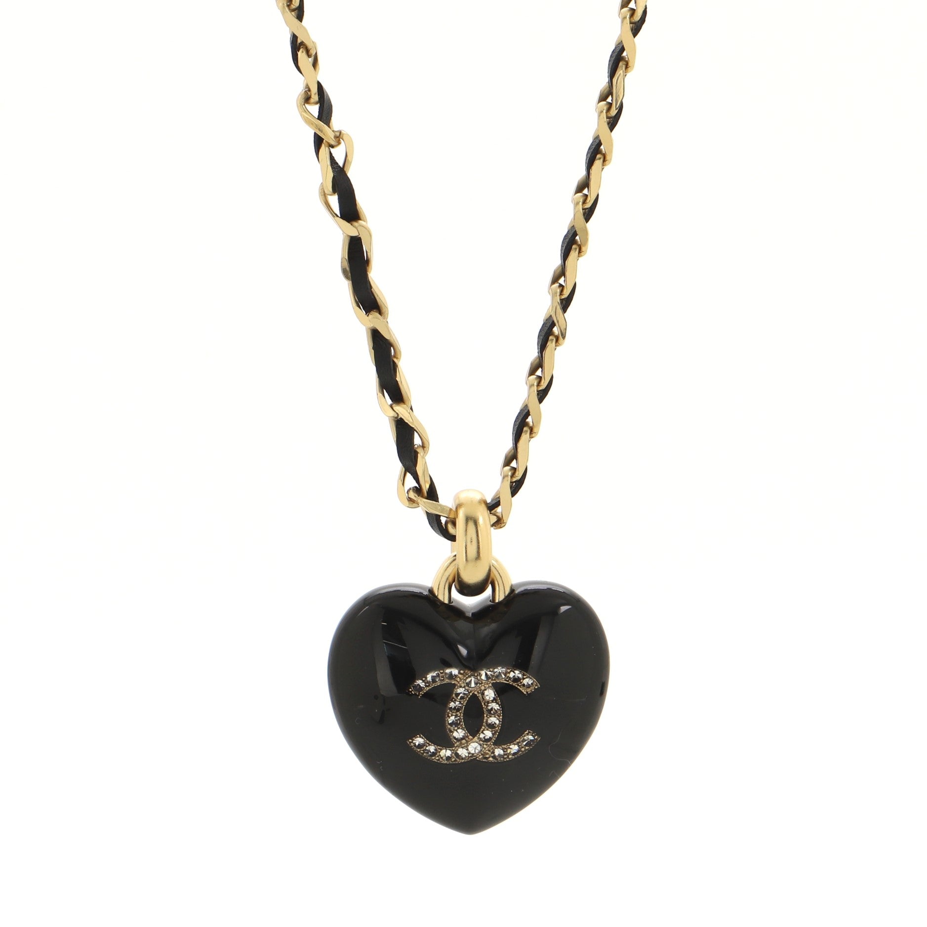 CC Heart Pendant Chain Necklace Metal with Leather, Resin and Crystals