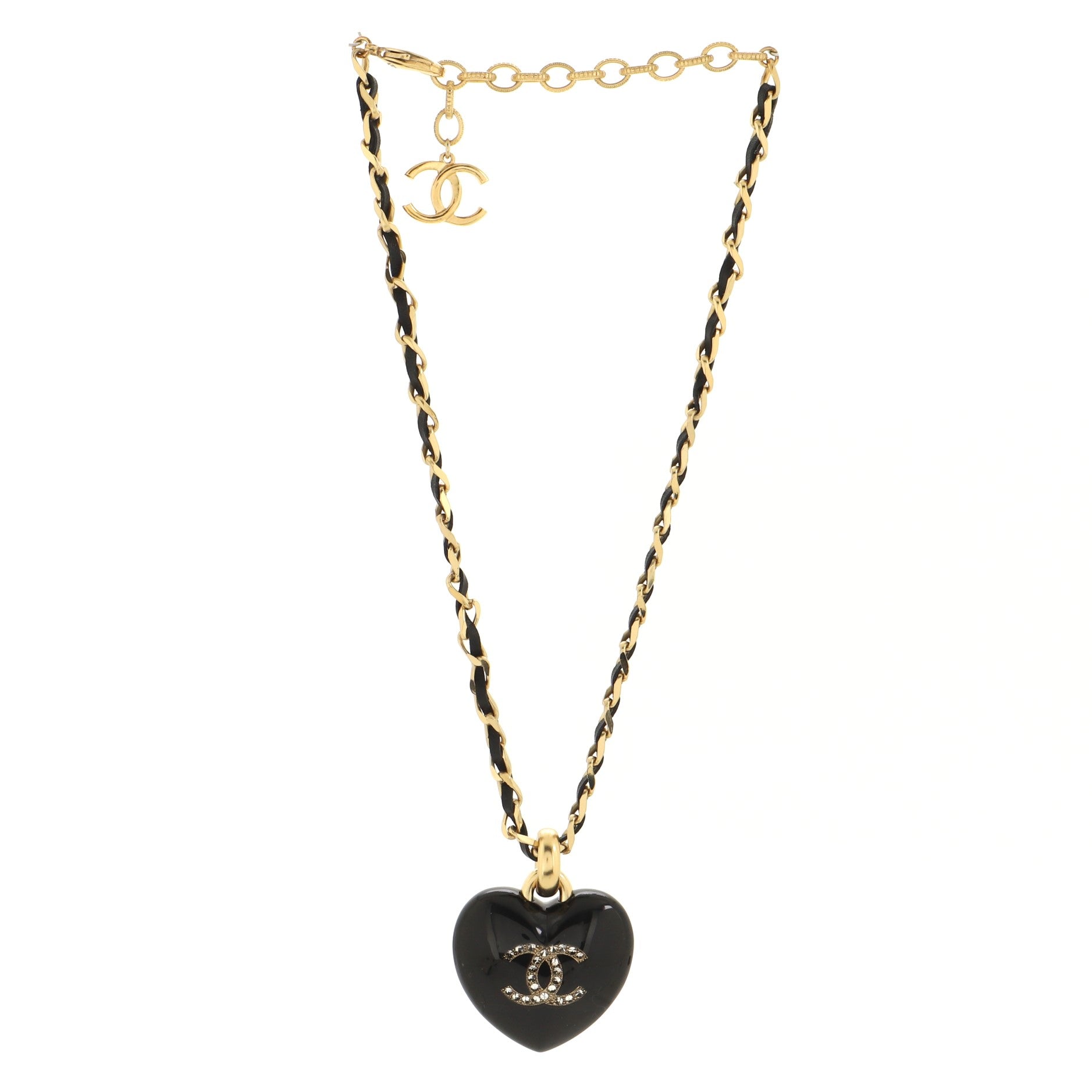 CC Heart Pendant Chain Necklace Metal with Leather, Resin and Crystals