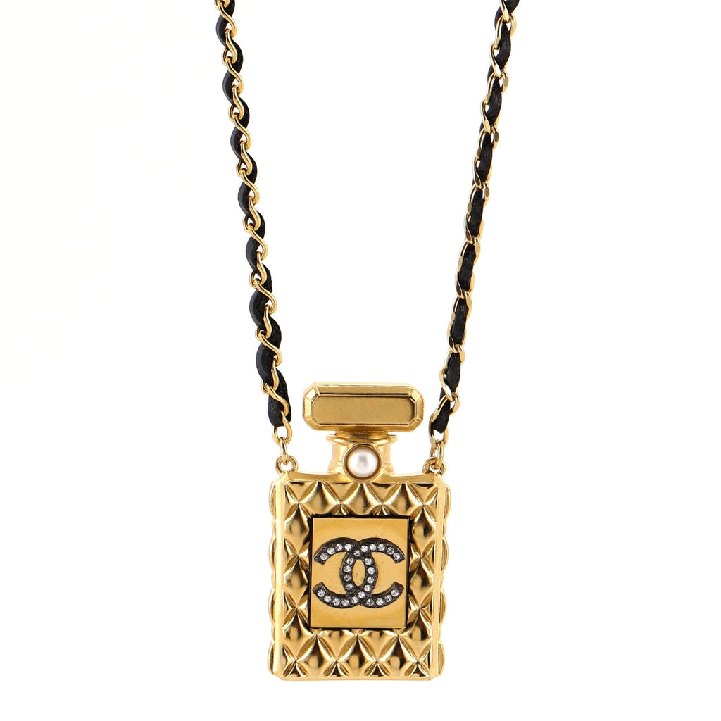 CC Perfume Bottle Pendant Chain Long Necklace Metal with Leather, Crystals and Faux Pearl