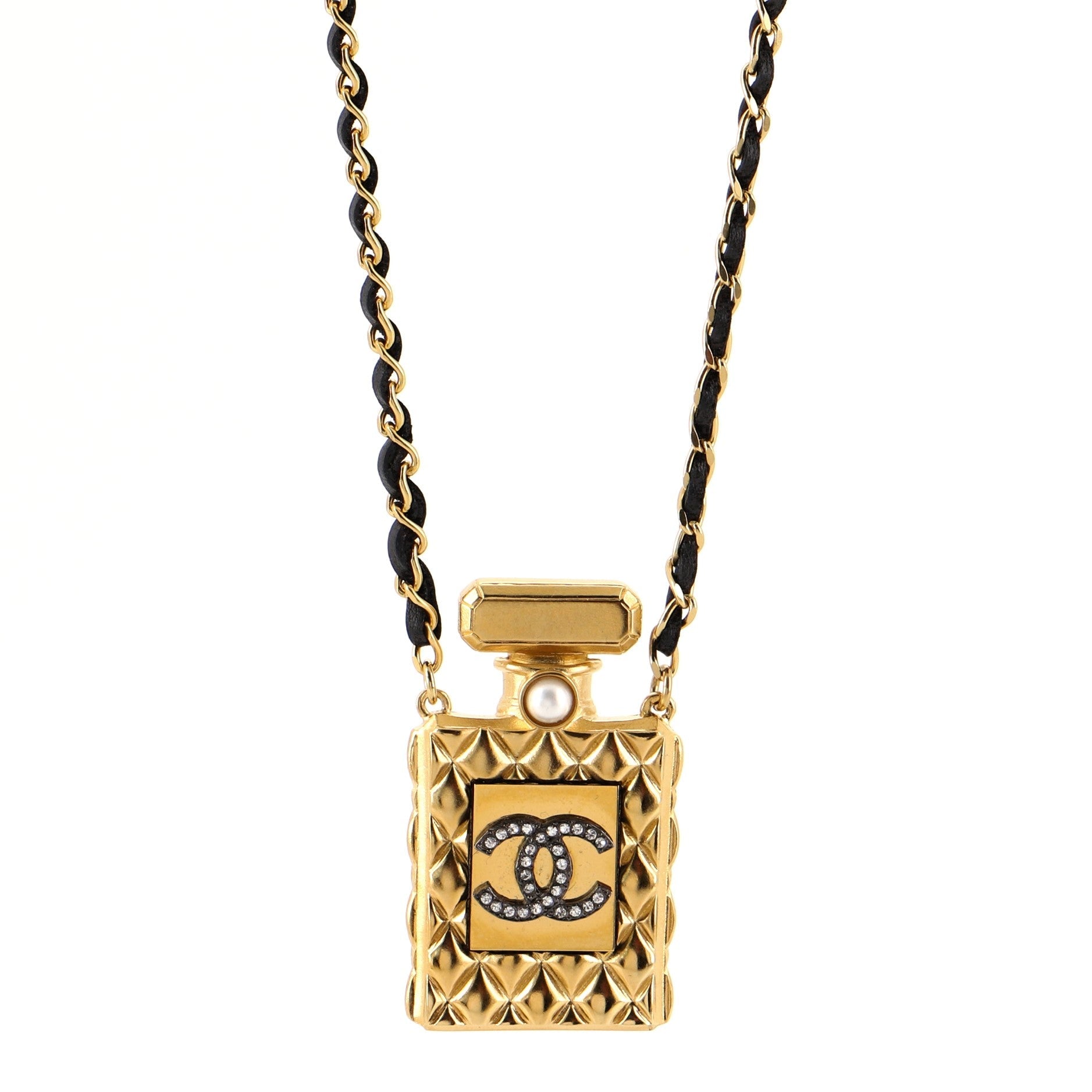 CC Perfume Bottle Pendant Chain Long Necklace Metal with Leather, Crystals and Faux Pearl