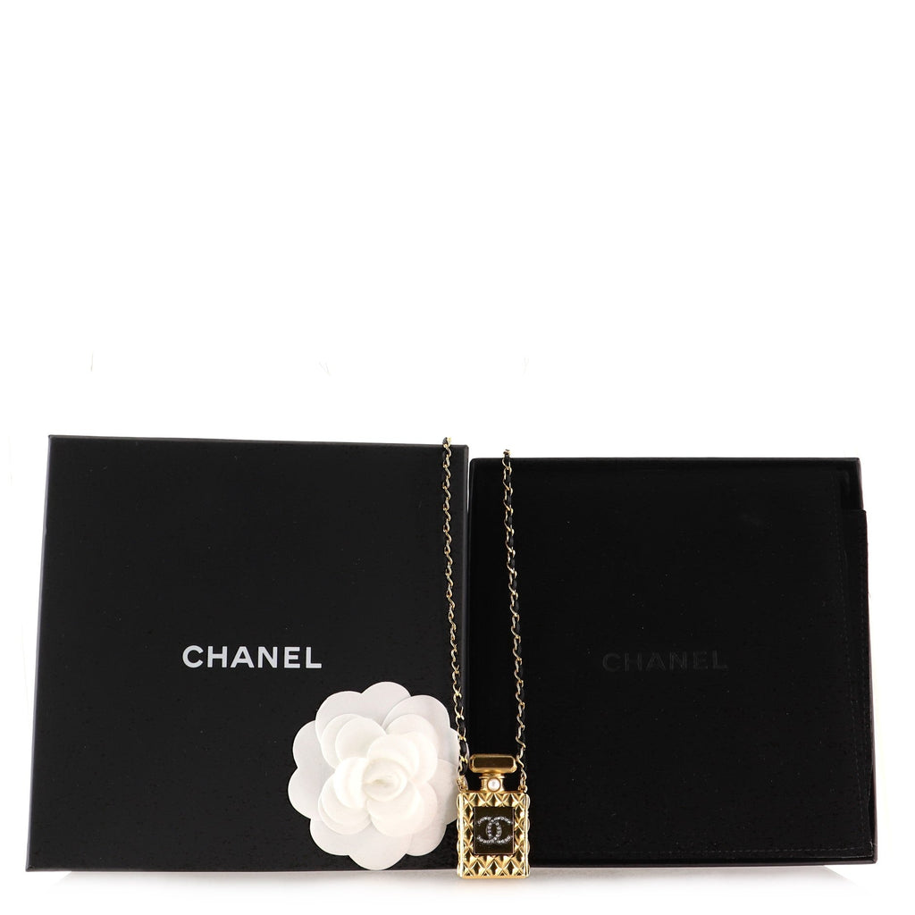 CC Perfume Bottle Pendant Chain Long Necklace Metal with Leather, Crystals and Faux Pearl