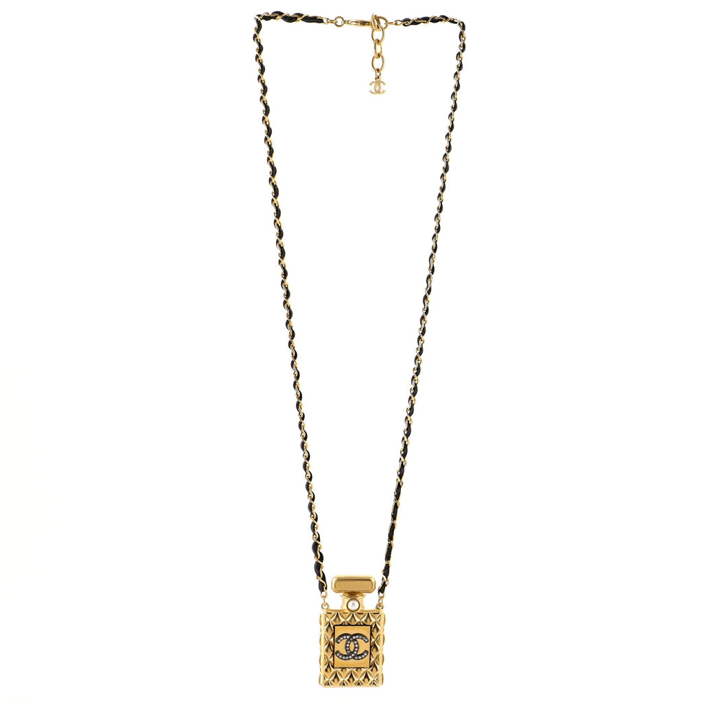 CC Perfume Bottle Pendant Chain Long Necklace Metal with Leather, Crystals and Faux Pearl