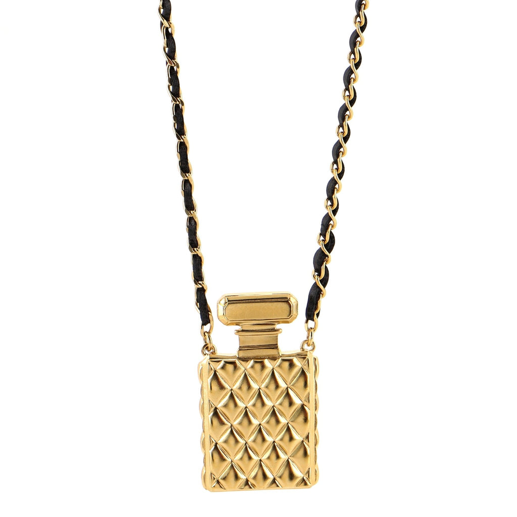 CC Perfume Bottle Pendant Chain Long Necklace Metal with Leather, Crystals and Faux Pearl