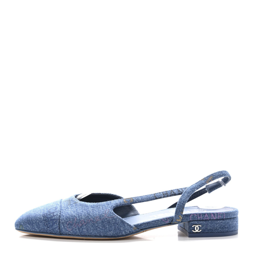 Denim Printed Denim Mood Cap Toe CC Slingback Flats 37 Light Blue Multicolor