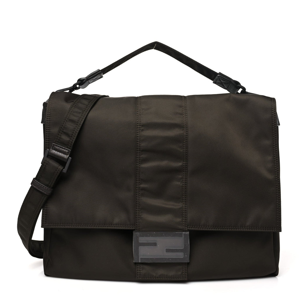 Econyl Nylon Cuoio Romano Monochrome Large Baguette Messenger Bag Ebano