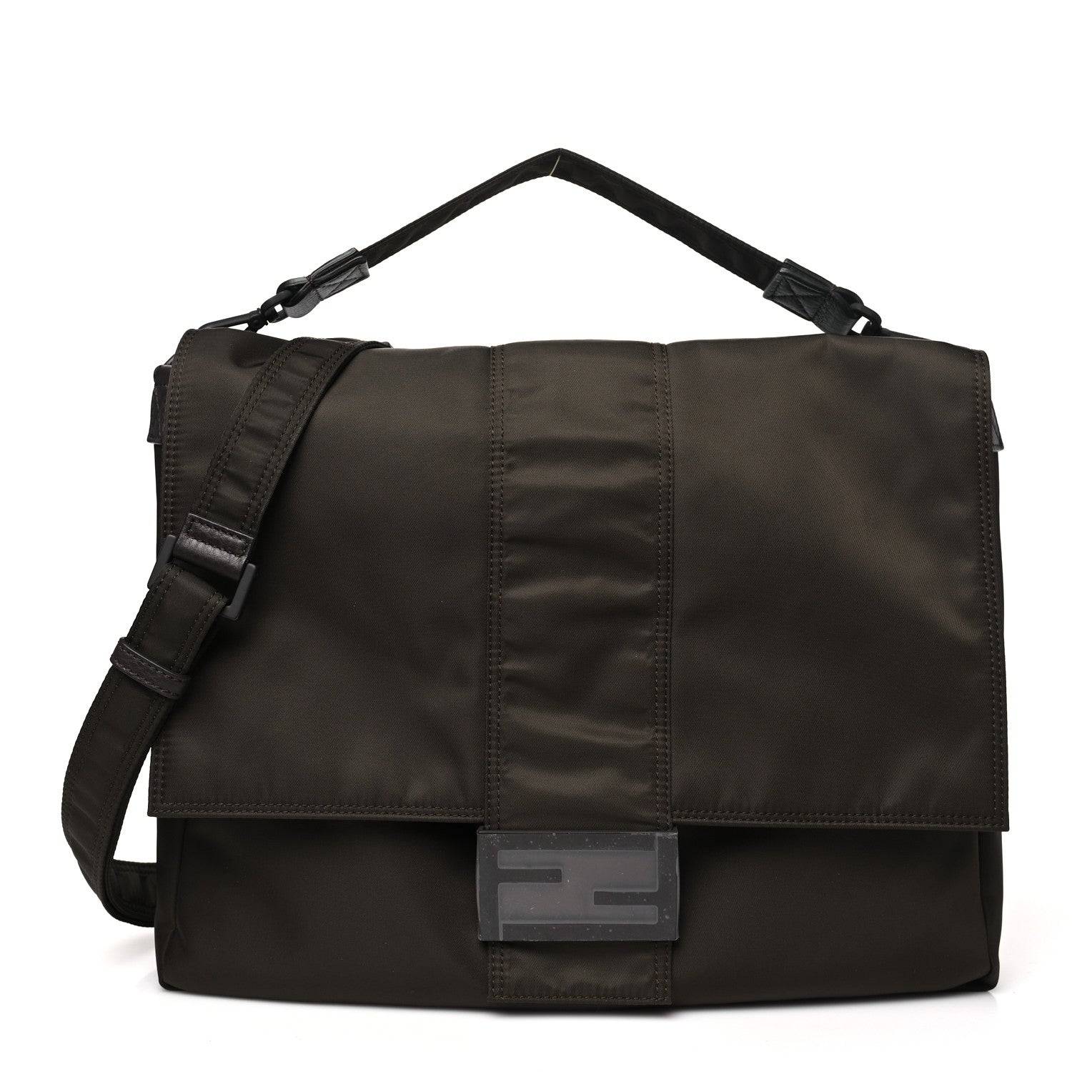 Econyl Nylon Cuoio Romano Monochrome Large Baguette Messenger Bag Ebano